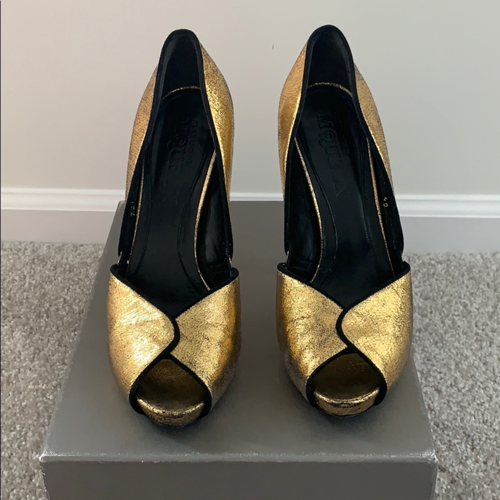 Stunning crackled gold MQUEEN peep-toe heels.